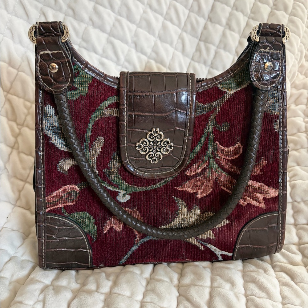 Elegant Floral Tapestry Bag with Brown Accents
